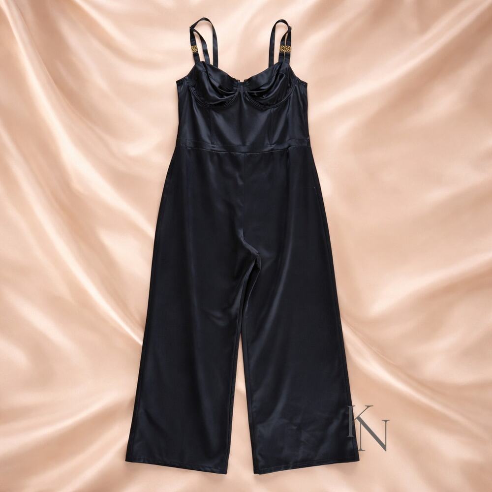 Victoria’s Secret NWT XL Satin Bustier Jumpsuit Black Wide Leg Evening Glam